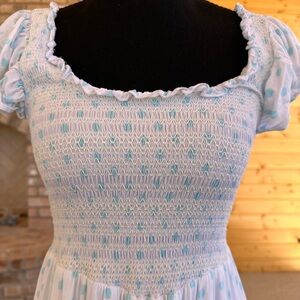 Araminta James Smocked Light Blue Polka Dot Maxi Dress with Ruffle Sleeves (S)